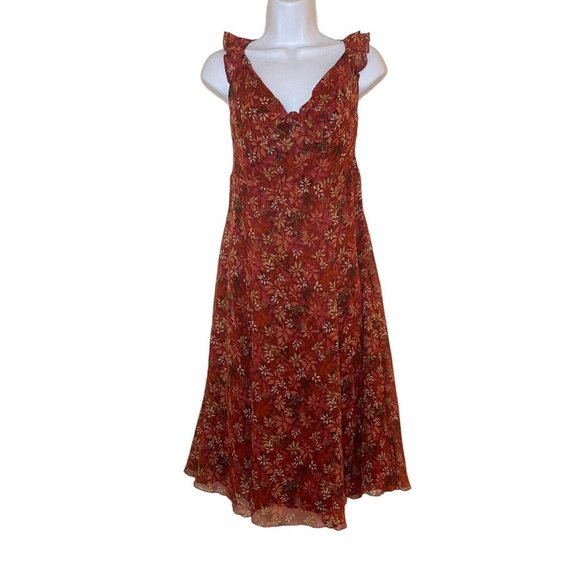 Nine West Dresses & Skirts - Nine West Fit & Flare Dress 100% Silk Burgundy Leaves Flutter Sleeves 8